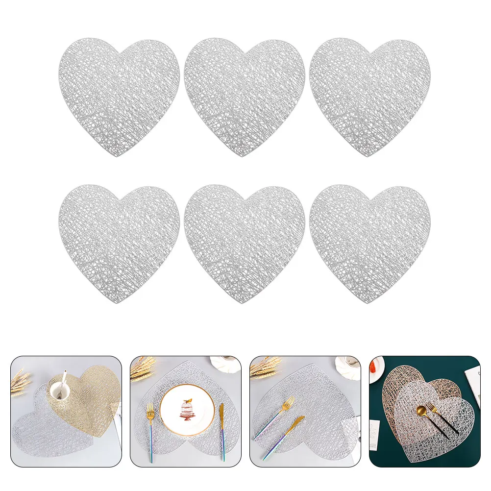 

6pcs Heart Shaped Placemat PVC Table Mat Decorative Elegant Anti Skid Wear Resistant Home Restaurant Banquet Wedding