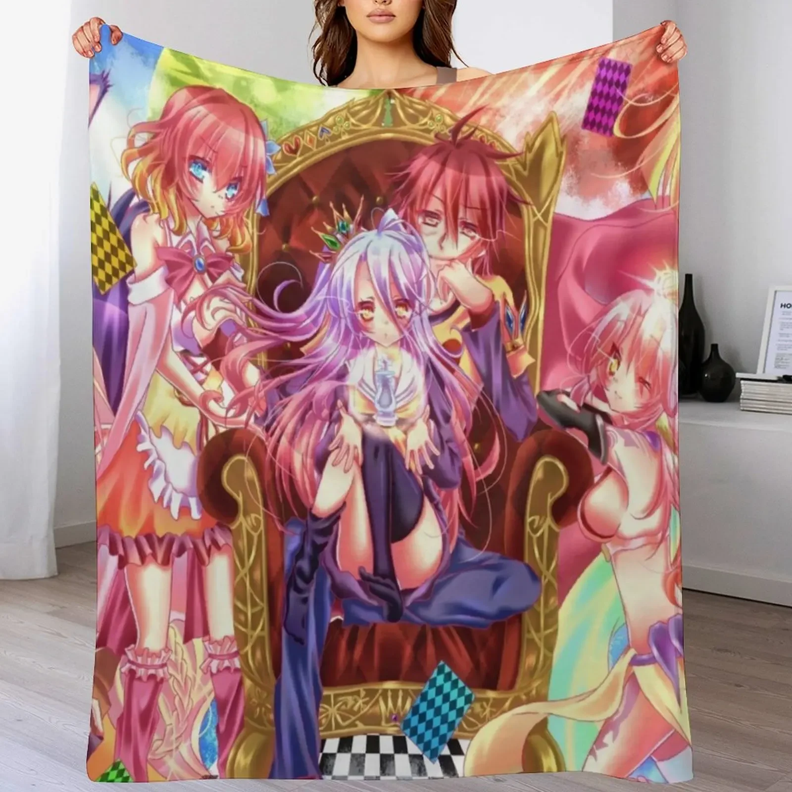 

No Game No Life Sora and Shiro Throw Blanket Picnic Soft Plaid Luxury Brand Luxury Thicken Blankets