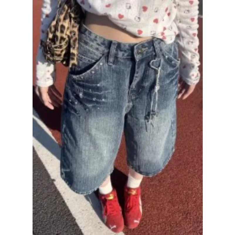 American Vintage Rivet Patchwork Denim Capri Pants Y2k Retro Streetwear Straight Wide-Leg Cropped Jeans Calf-Length