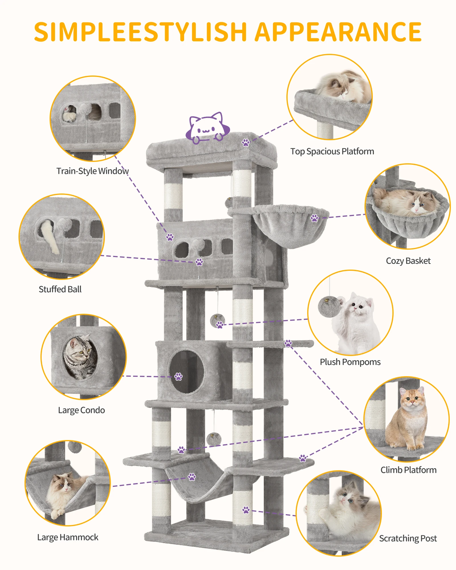 Hzuaneri 170 cm Large Cat Tree, Cat Tower for Maine Cat, Multi-Level Scratching Post with Large Perch, Washable Mat 5