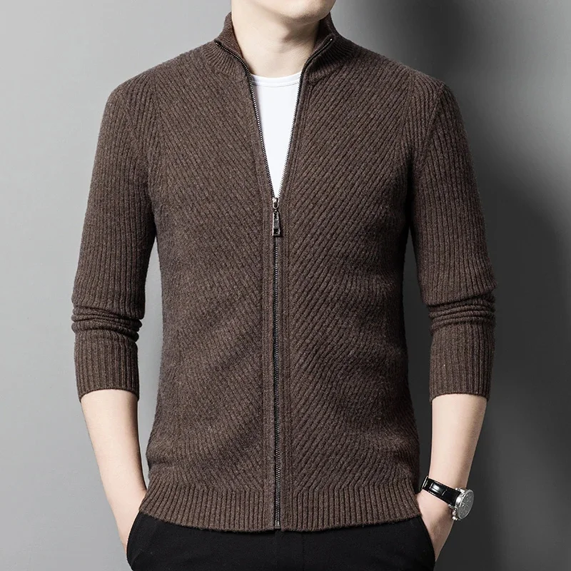 Knitted Men's Cardigan Autumn Winter Pure Wool Sweater Stand Collar Casual Thick Loose Korean Style Temperament Coat Men