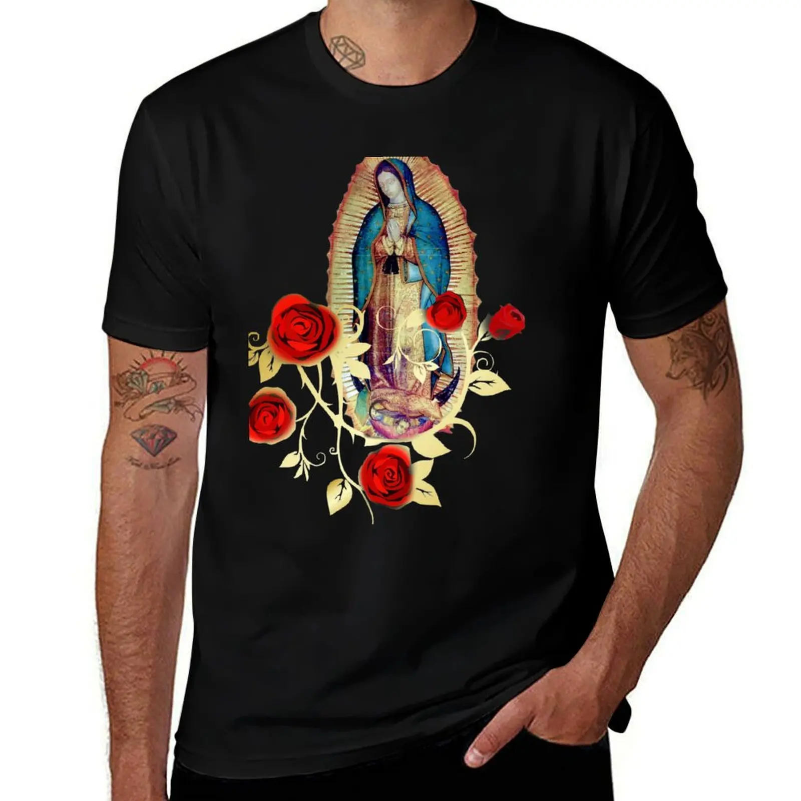 Our Lady of Guadalupe Virgen Maria Tilma Red Roses 120 T-Shirt Breathable Sportswear for Men T-Shirt