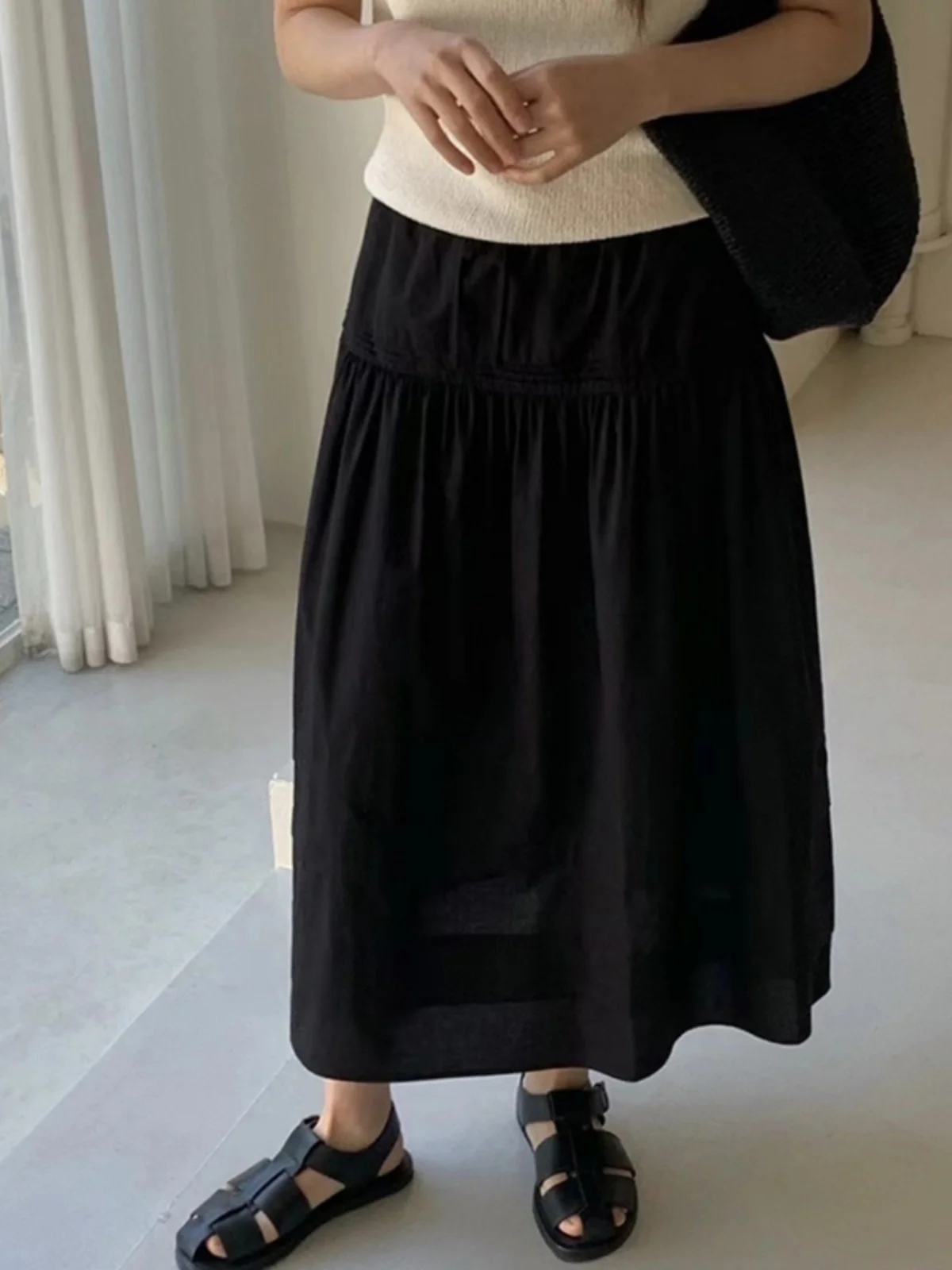 

High Waist Black Skirt Women's Summer New Style Korean Loose Waist A-Line Long Skirt White Color Elegant Ladylike