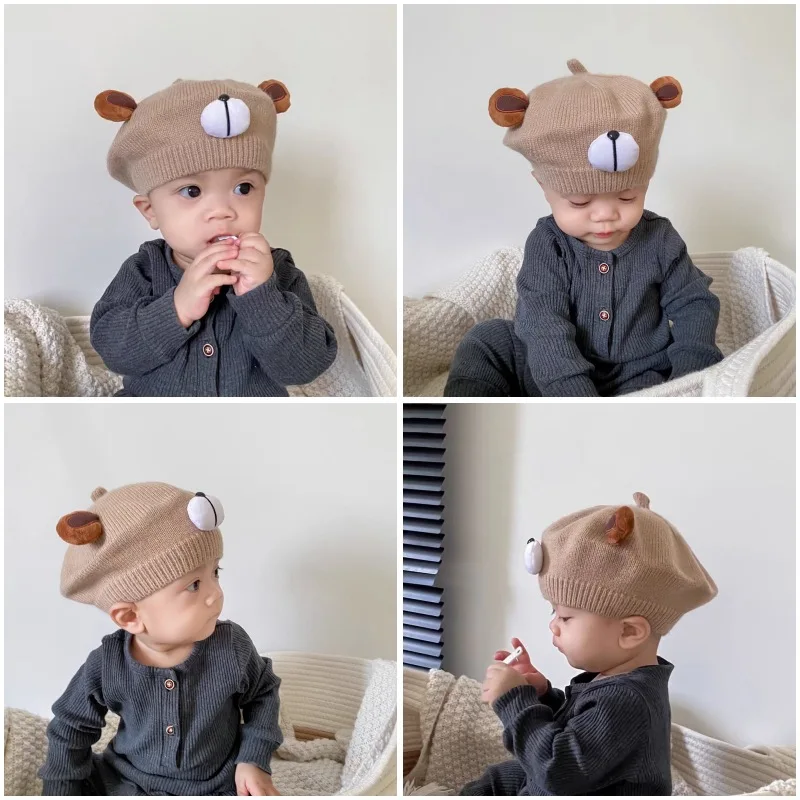 Knitted Baby Hat Autumn and Winter Cute Bear Children\'s Beret Korean Style Warm Kids Woolen Hats Toddlers Girls Boys Painter Cap