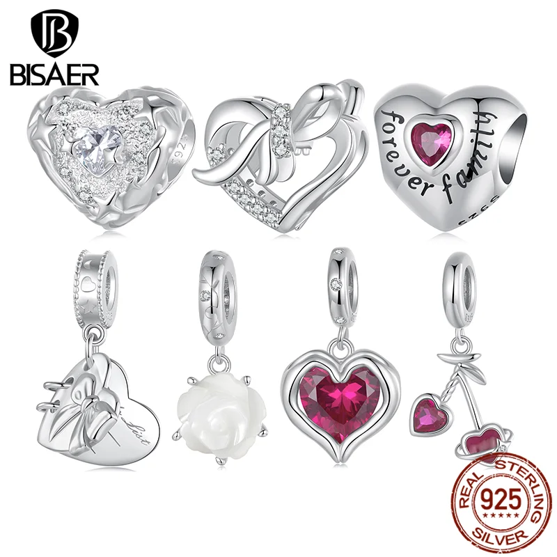 BISAER 925 Sterling Silber Herz Stern Charm Für Immer Familie Perle Weiße Rose Anhänger Fit Frauen DIY Armband Edlen Schmuck Geschenk