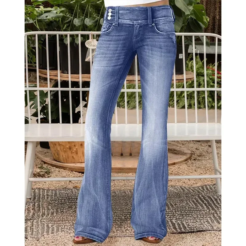 Mom Jeans Denim Pants 2025 Women Capris Vintage Middle Waist Flare Long Pants High Waist Work Summer Blue Jeans Y2k Streetwear