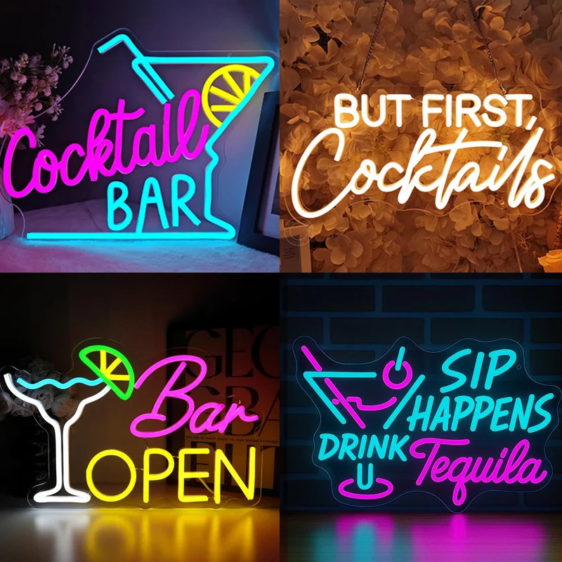 

Cocktails Led Neon Sign Bar Open Light Up Neon Signs Wall Art Decor for Bar Home Club Party Bistro Room Bedroom Man Cave