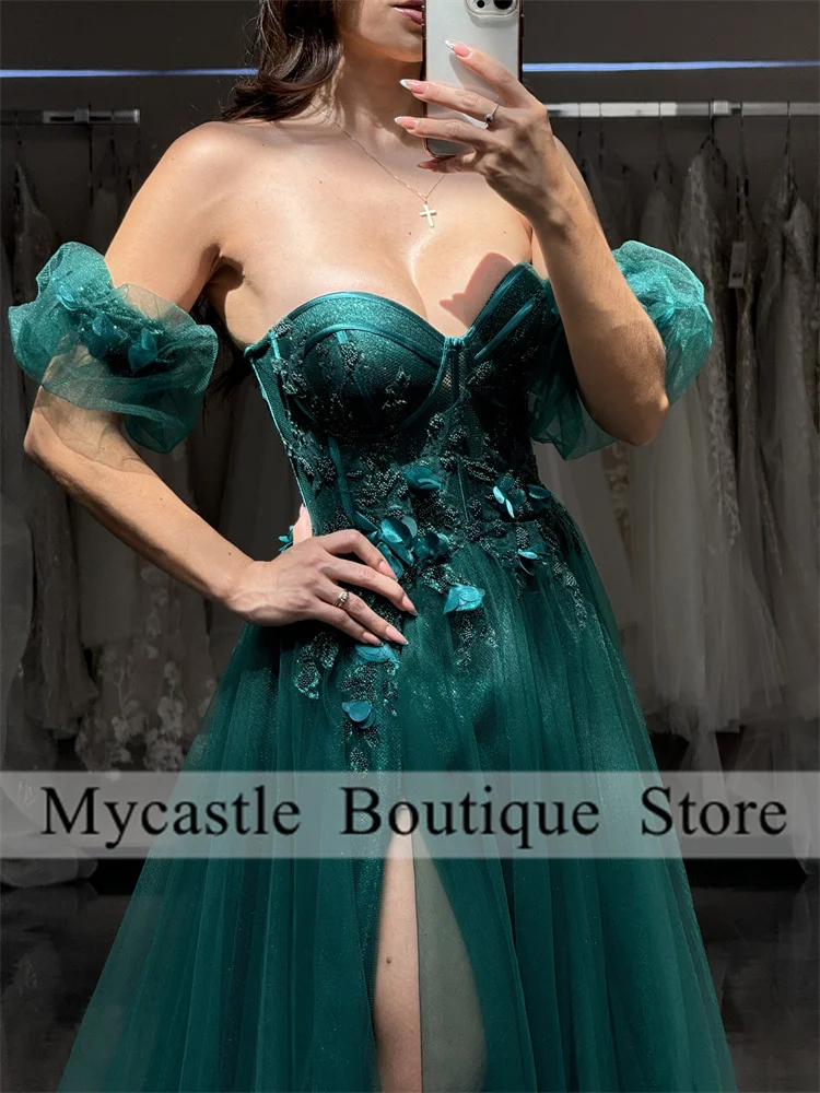 Mexico Hunter Green Tulle Beaded Mermaid Prom Dress 2025 Sweetheart Lace Applique Side Slit Evening Dresses Party Gowns Elegant