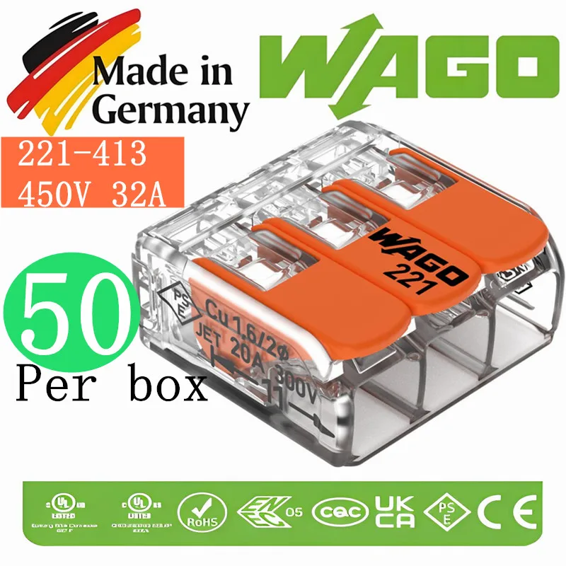 50 pièces par boîte WAGOs 221-413 3 trous 450V 32A 4MM2 terminal rapide avec levier connecteur de fil Compact Transparent orange Origina