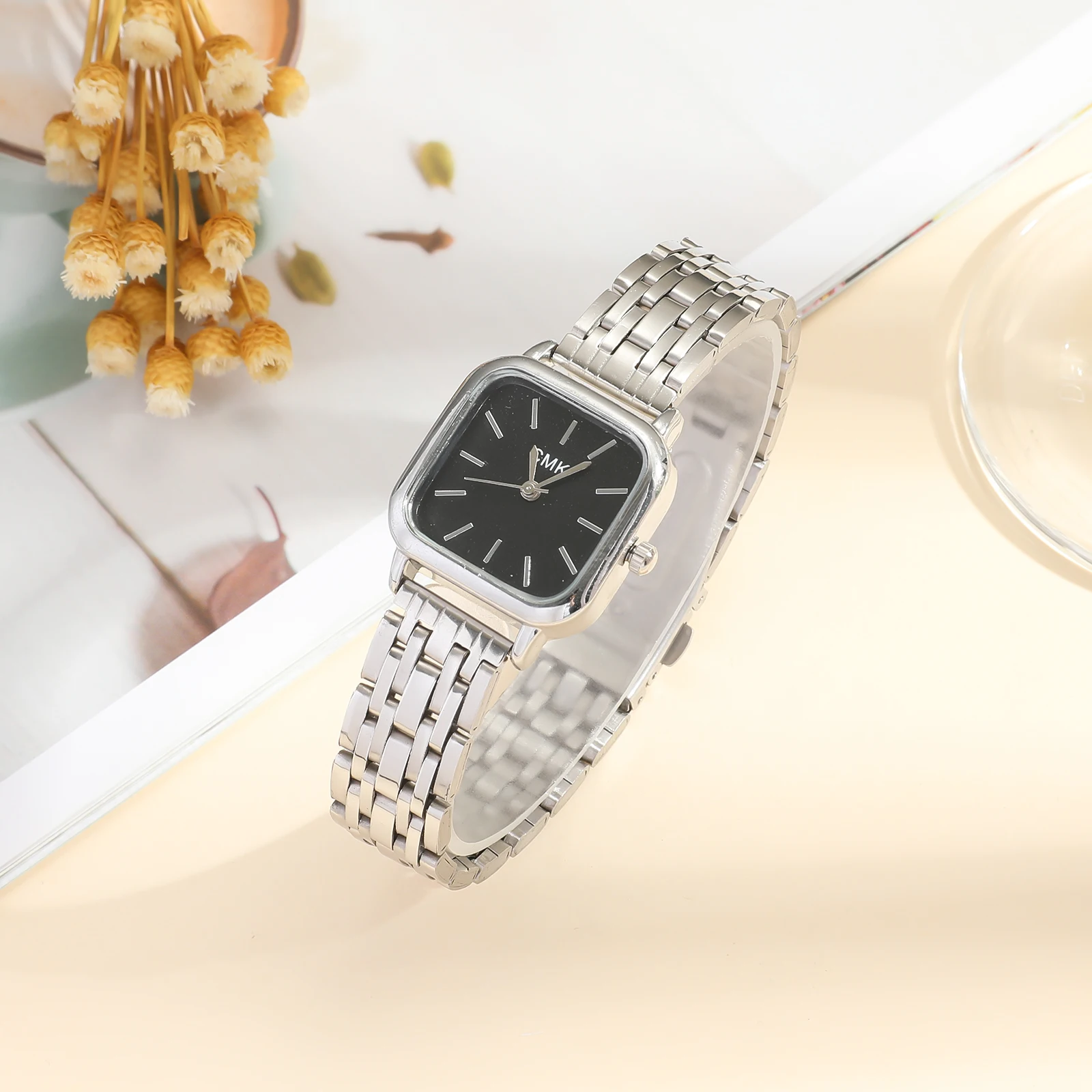 Popular Women Square Roman Steel Belt Quartz Watch Bracelet Set