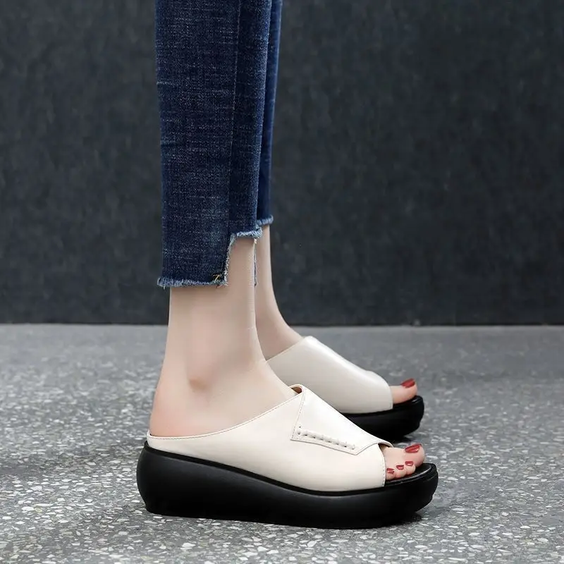 Women Fish Mouth Slippers Summer New Office Open Toe Wedge Heel Soft Leather Thick Sole Casual Women Outdoor Beach Slippers