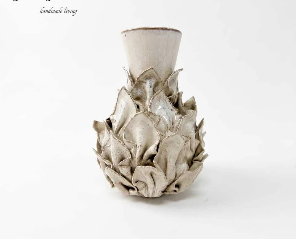 Artistic leaf relief ceramic vase wabi sandy wind living room soft decoration