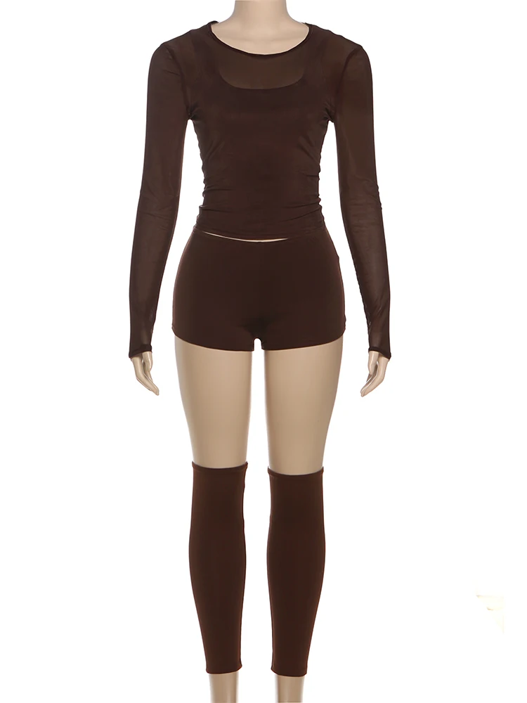 ชุดเซ็ต 4 ชิ้น สไตล์แปลกใหม่ เซ็กซี่ ทันสมัย เสื้อครอปตาข่ายแขนยาว คอกลม + เสื้อกั๊ก + กางเกงขาสั้น + ผ้าคลุมเท้า ชุดเข้าชุดสไตล์สตรีทแวร์สำหรับฤดูใบไม้ร่วง