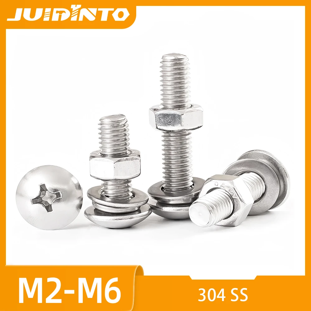 Cross Recessed Truss Head Screws with Washer Nut M2 M3 M4 M8 M10 Stainless Steel Phillips Mushroom Head Conbination Screw