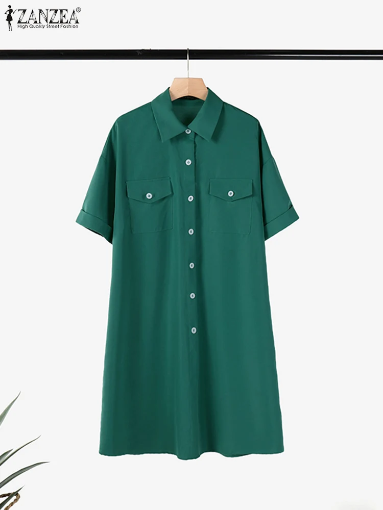 ZANZEA verano elegante solapa cuello manga corta vestido veraniego mujer camisa vestido elegante sólido OL vestido de trabajo hasta la rodilla Vestidos Kaftan