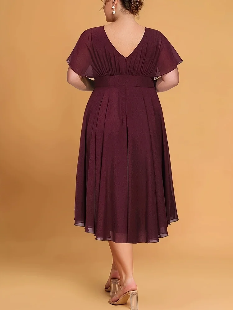 Plus Size Mother of the Bride Dresses Crew Neck Waistband Chiffon Peplum Dress Short Sleeve Party Evening Dress Vestido largo