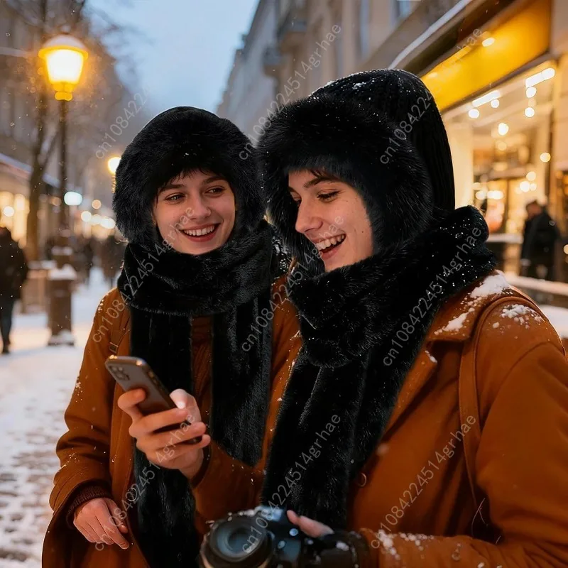 وشاح بغطاء للرأس للنساء للشتاء، وشاح قبعة الأذن 3 في 1 مجموعة قفازات من الفرو الصناعي قبعة دافئة سميكة وناعمة