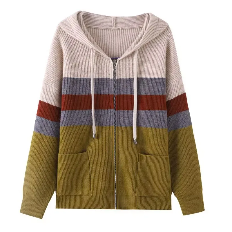 Women Sweater Cardigan Coat 2025New Fashion Stripe Knitted Sweater Ladies Long Sleeve Zippers Knitwear Jacket Female Casual Tops