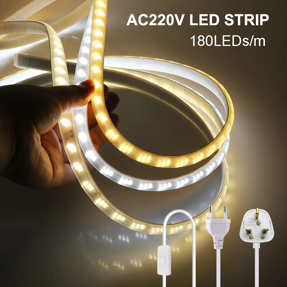 LED Strip Light 220V 2835 Waterproof LED Tape High Brightness 180LEDs/m Flexible Kitchen Outdoor Garden LED Light With Switch