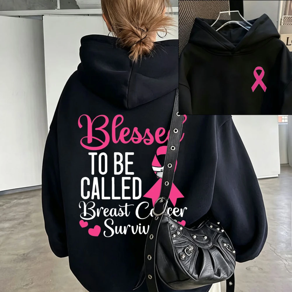 Blessed To Be Called Breast Cancer Survivor Two Sided Graphic Hoodie Women Oversized Pullover Streetwear Women Winter Hoody Tops