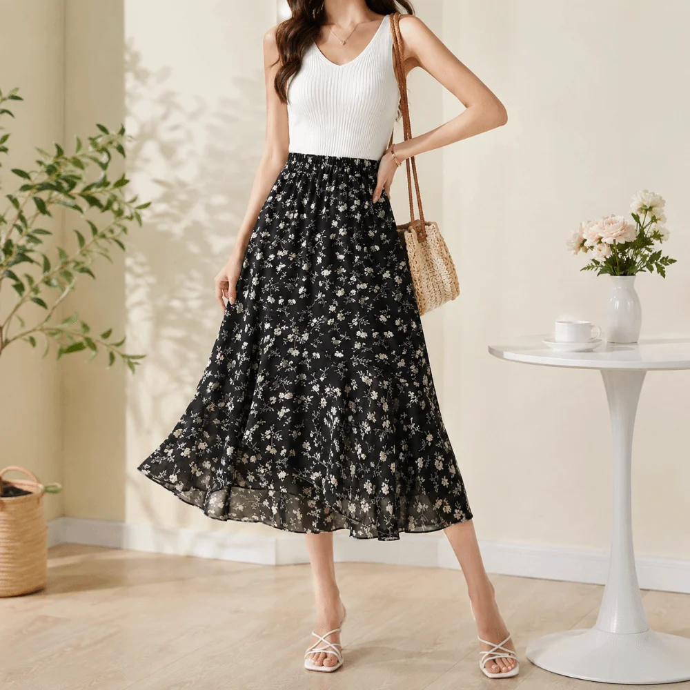 Floral Print A-Line Skirt Conceal Hip Design Polyester Fabric High Waist Skirt Summer Fabric Slim Fit Plus Size Skirt For Women