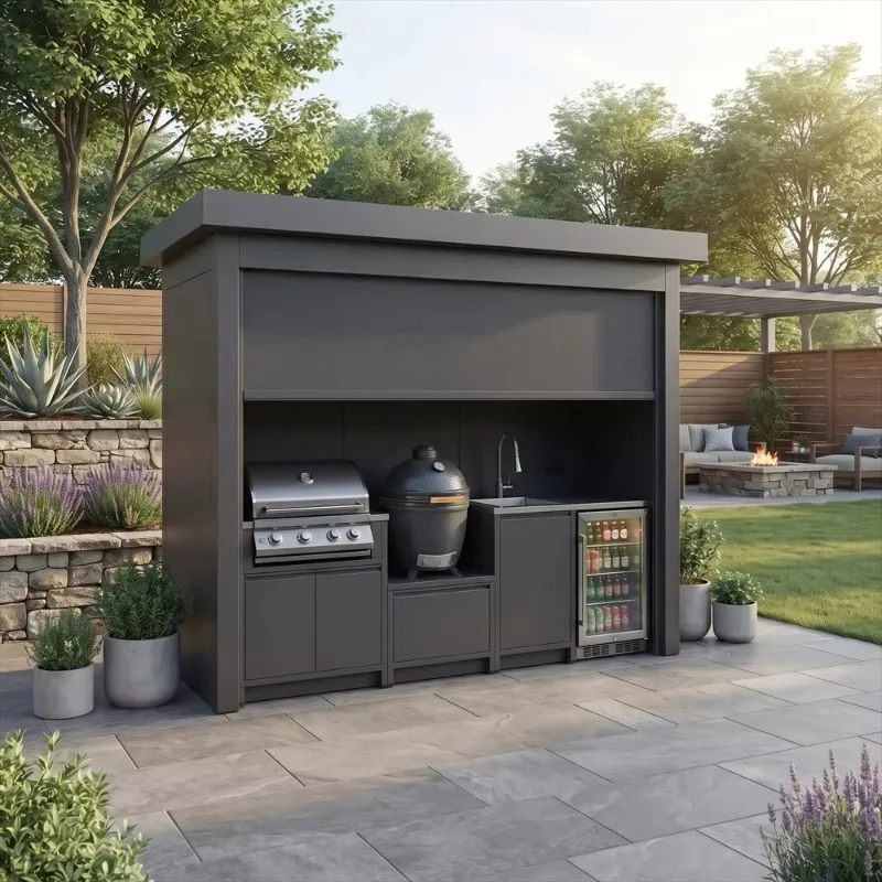 Customized roller shutter stainless steel outdoor kitchen formaldehyde-free high-quality outdoor barbecue kitchen (with hut)