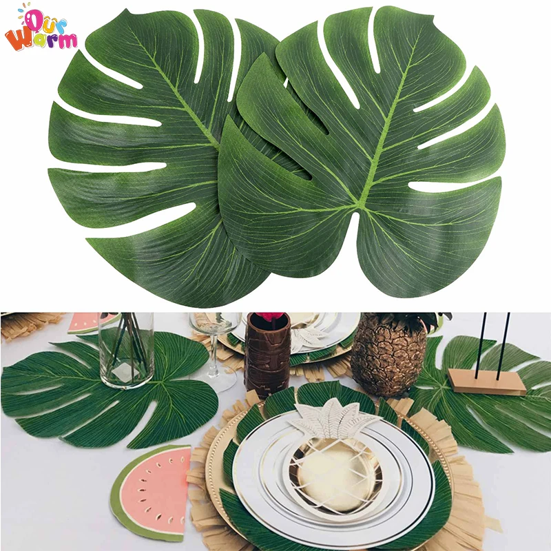 Ourwarm Table Decorations Table Runner Artificial Palm Green Leaves  For Wedding Hawaiia Jungle Beach Theme Table Decor Supplies