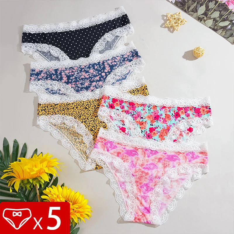 5pcs/pack Fashion Style Print Sexy Lace Women's Panties Low Waist Patchwork Breathable Comfort Female Underpants Sexy Lingerie