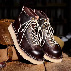 Ankle boots Cow Leather Vintage Motorcycle Chelsea Boots Tooling Winter Cotton Casual Boots Retro Lace up Brown