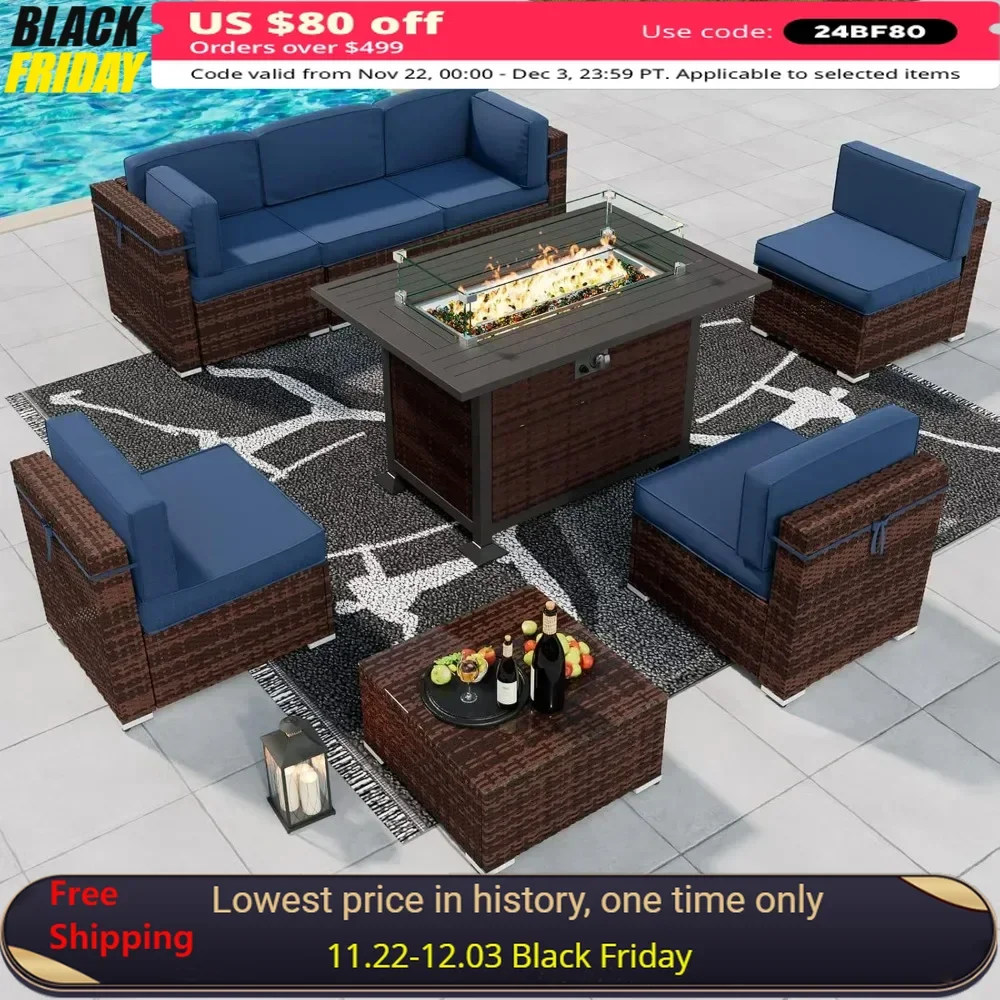 

8 Piece Patio Furniture Sets with Fire Pit Table, w/Gas Fire Pit, Coffee Table, 2 Waterproof Covers,for Patio Back Deck, Balcany