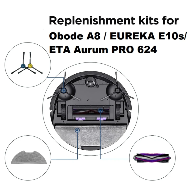 For Obode A8 / Eureka E10S /ETA AURUM Pro 624 Robotic Sweeping Machine Vacuum Accessories Main Side Brush Filter Mop Pad