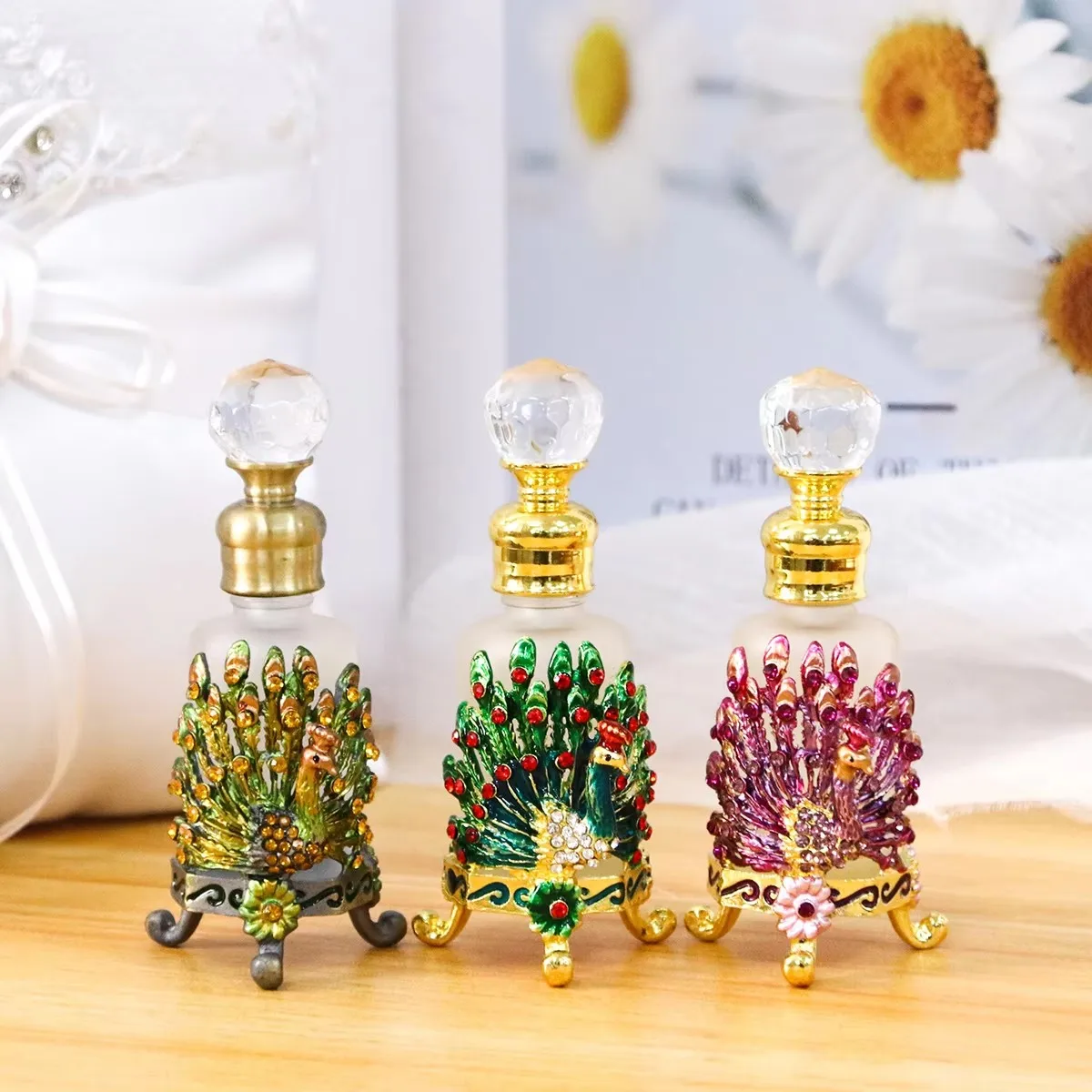 12ml Arabian Dubai Peacock Metal Perfume Bottles Essential 0il Attar Glass Refillable Bottle Factory Outlet#81078