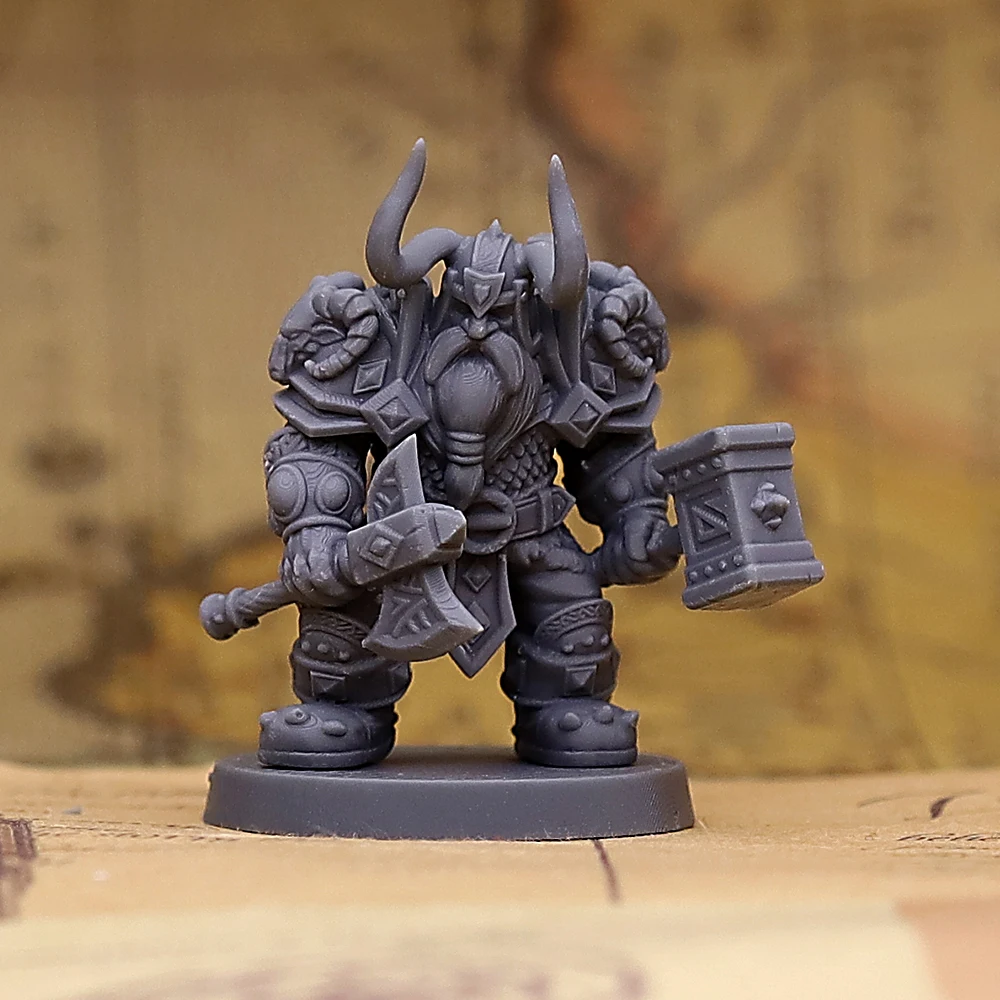 Dwarf Warrior with Axe and Hammer Unpainted Resin Miniature Tabletop RPG Wargaming Board Game Figurine