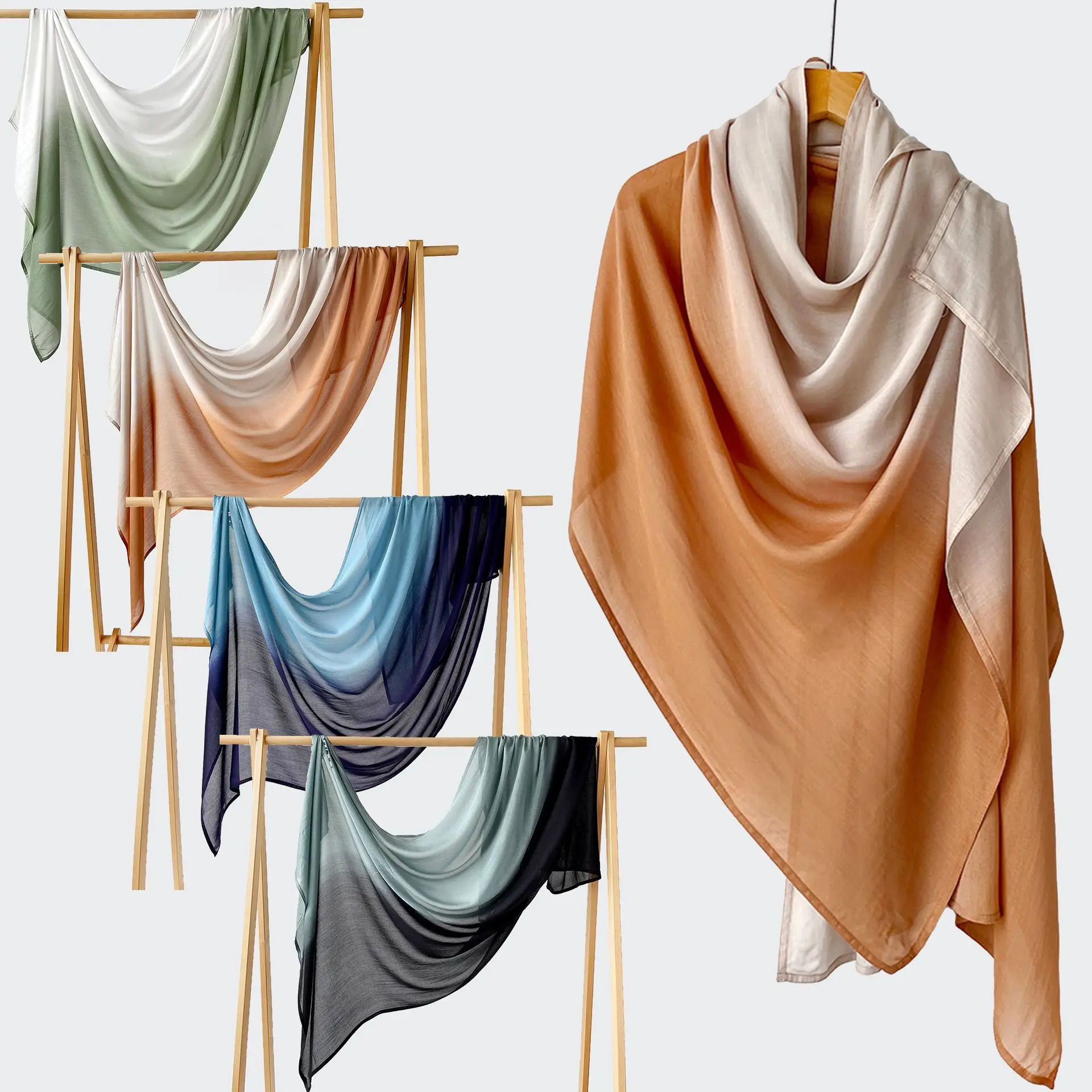 Cross Border Cotton Linen Two Tone Gradient Large Shawl Wrap Women Head Scarf Sun Protection Versatile Scarf