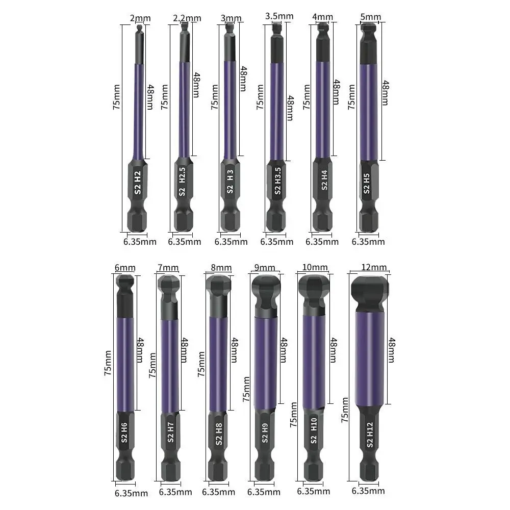 12pcs 75mm Ball End Screwdriver Bit Magnetic 1/4 Inch Hex Shank Hexagonal Screwdriver Bit Alloy Steel High Hardness