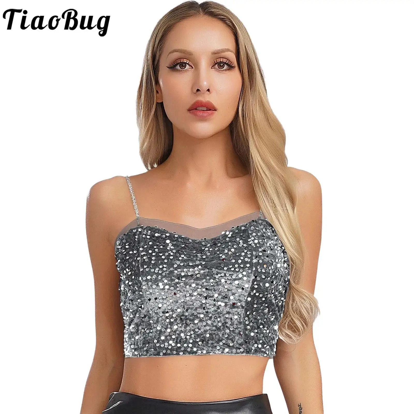 

Women Summer Sparkly Sequined Camisole Stylish Tank Top Clubwear Party Chain Shoulder Straps Elastic Back Built-in Pad Crop Tops