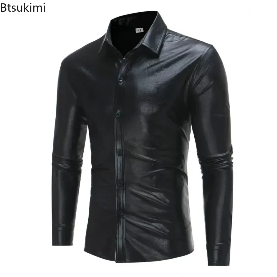 2024 Men's Metallic Glossy Shirts Nightclub Party Shiny Shirts Vintage Disco Costume Fashion Prints Casual Perform Clothing Men