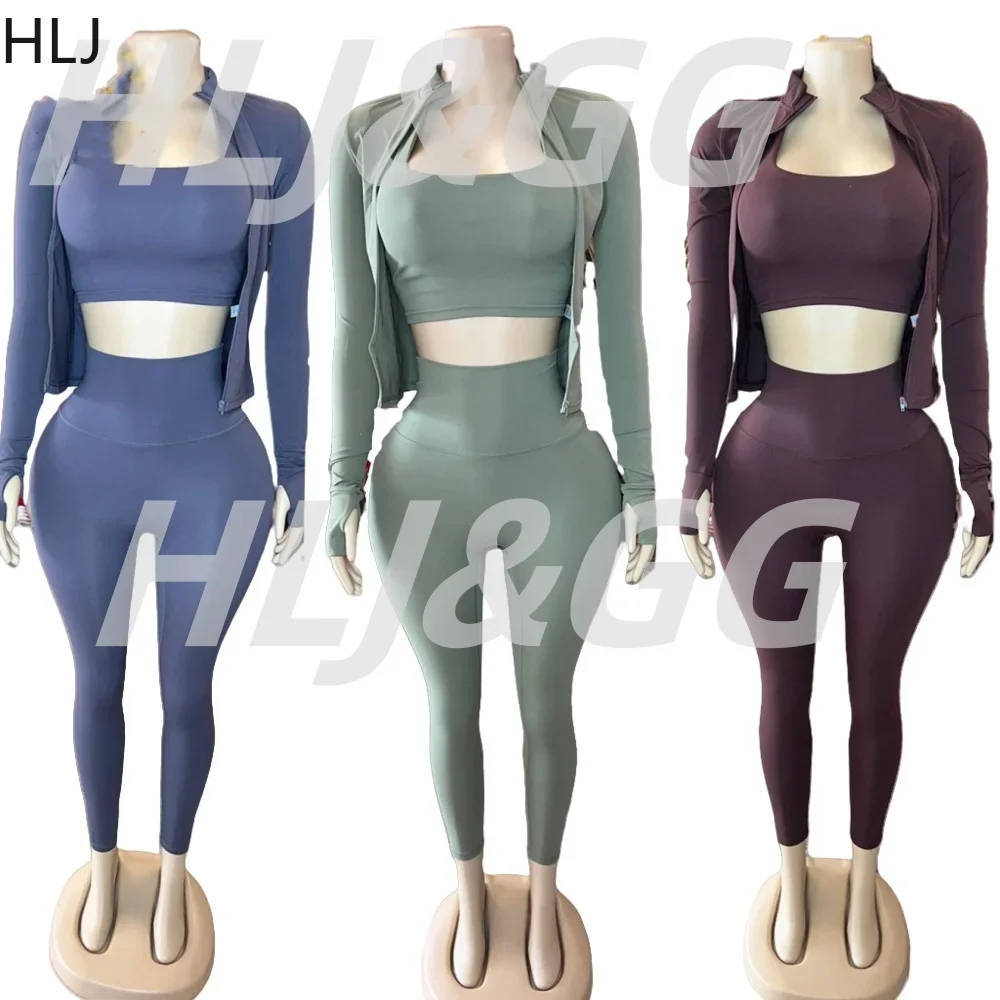 HLJ High Quality Women Stretchy Long Sleeve Top+Bra Vest+Leggings Pants 3 Piece Sets Autumn New Casual Solid Sporty Yoga Outfits