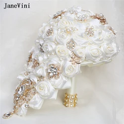 JaneVini Luxury Crystal Waterfall Bridal Bouquets Artificial Ivory Satin Roses Flowers Cascading Bouquet Accessories for Bride