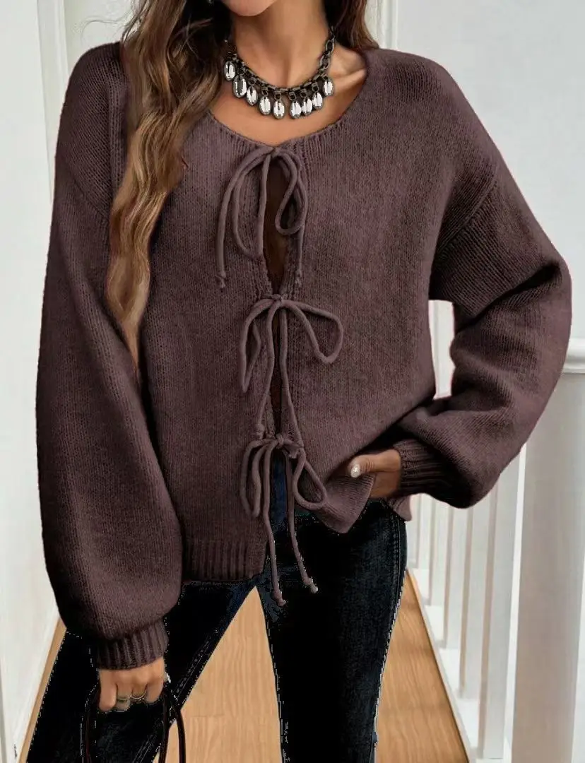 2026 Autumn Women Solid Round Neck Lace Up Sweaters Cardigan Lady Winter Splice Knit Straight Jumpers Casual Long Sleeve Office