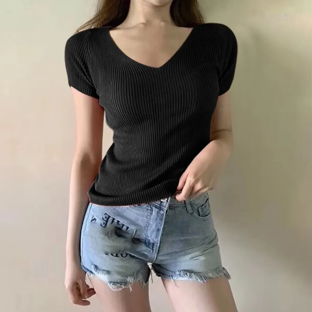 Sexy Women T Shirt Ribbed Knitted V-neck Short Sleeve Ladies Solid Top Tee Fitness Korean Clothes T Shirt Women Camiseta Mujer