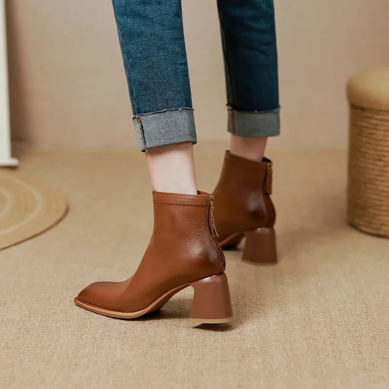 

Women Genuine Leather Square Toe Vintage Modern Ankle Boots Office Ladies Back Zipper High Heel Sewing Concise Style Short Boots