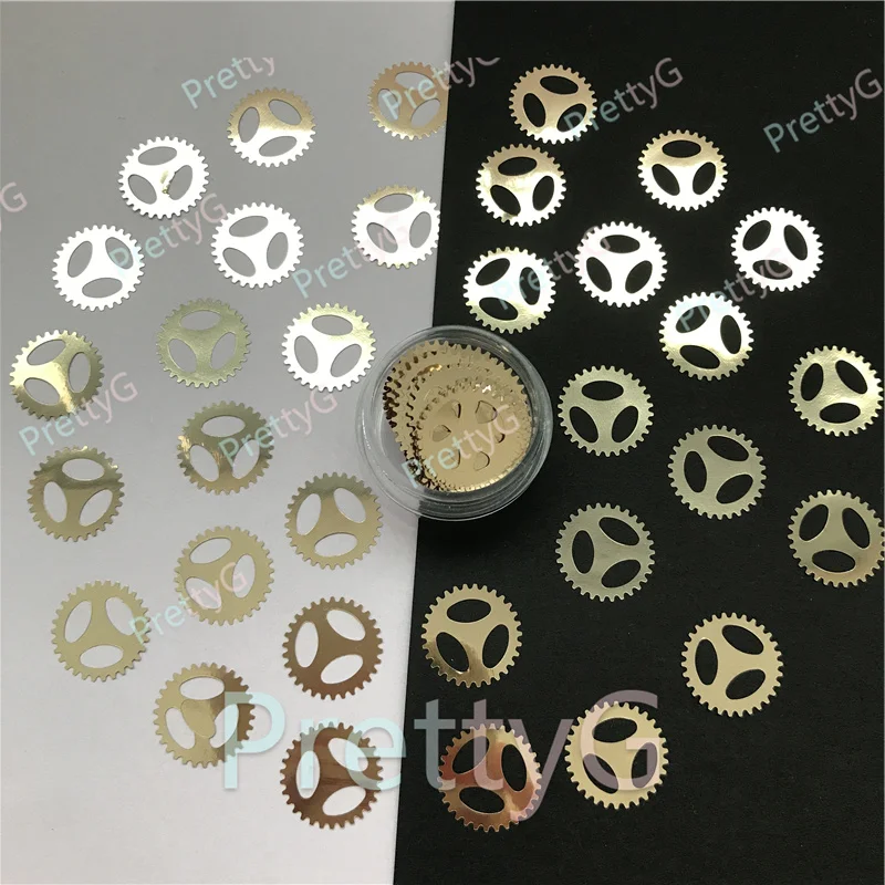 PrettyG 15mm Gold Gears Glitter Shapes Metallic Glitter Sequins Glitter Shape For Art Craft Nail Makeup Decoration Accessories