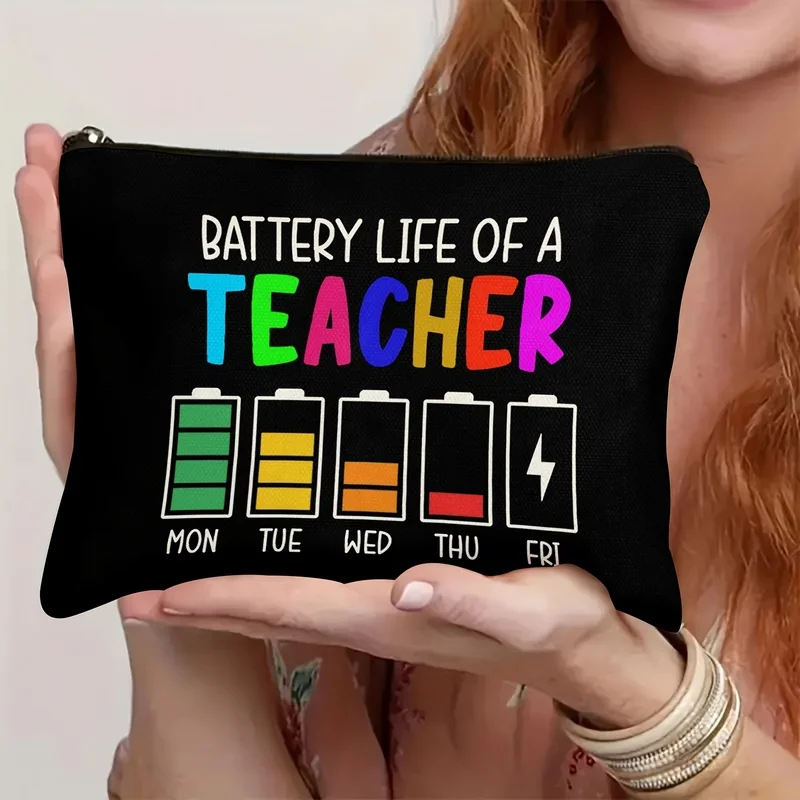 Teacher-Themed Makeup Bag with a Fun Battery Life Design, Durable Zipper Bag, Suitable for Cosmetics, Stationery, Snacks, Teache
