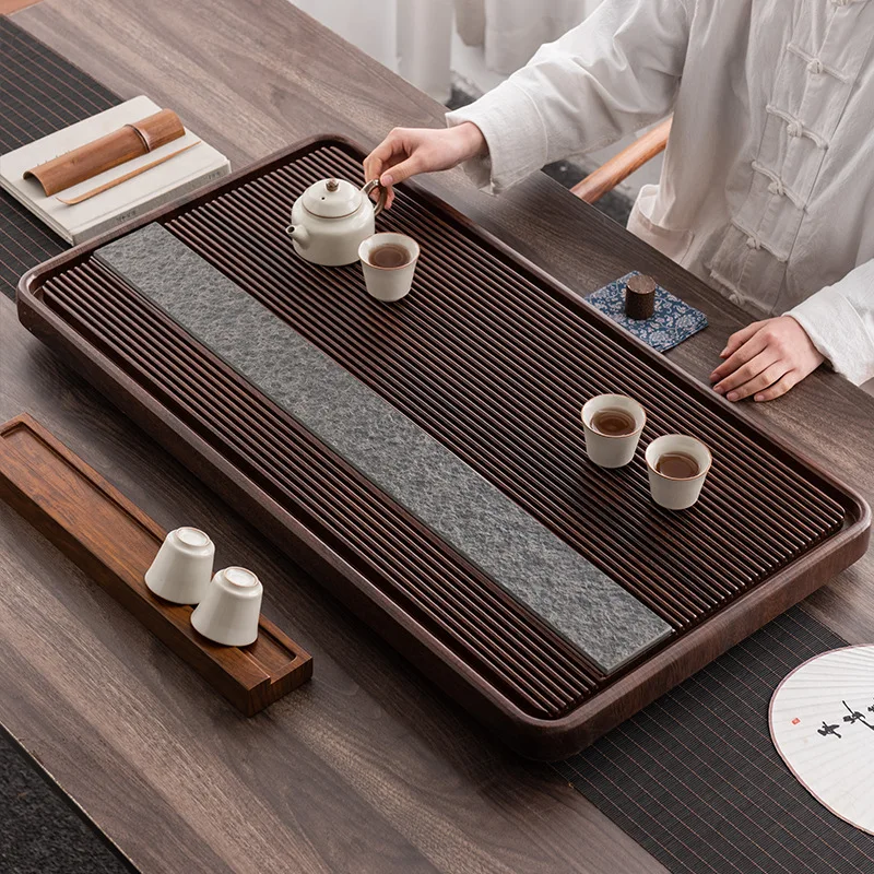 

New Simple Natural Solid Wood Ebonized Stone Home Large Size Drainage Tea Tray Home Gift
