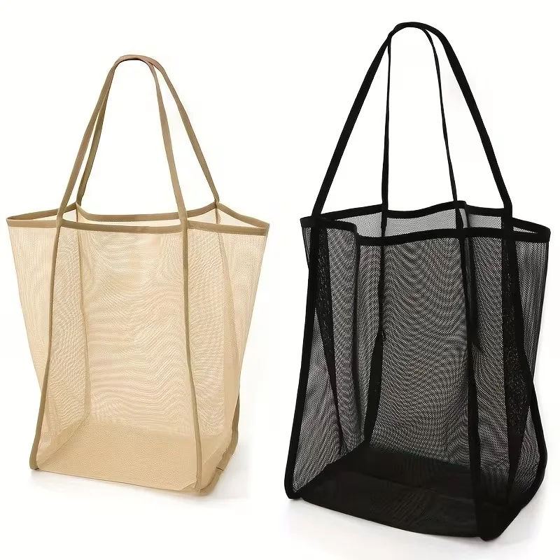 1pcLarge Capacity Mesh Beach Bag Durable Solid Color Sturdy Handles Travel Beach Vacation Camping Multi Purpose Storage Heavy