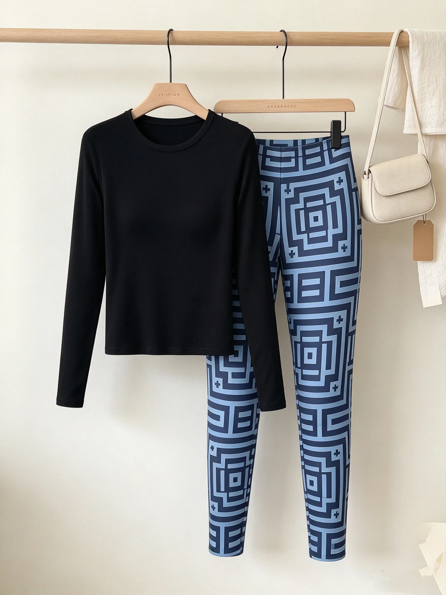 Women's Plaid Two-Piece Set Long Sleeve T-Shirt High Waist Wide Leg Pants Checkered Office Chic Casual Elegant Outfit