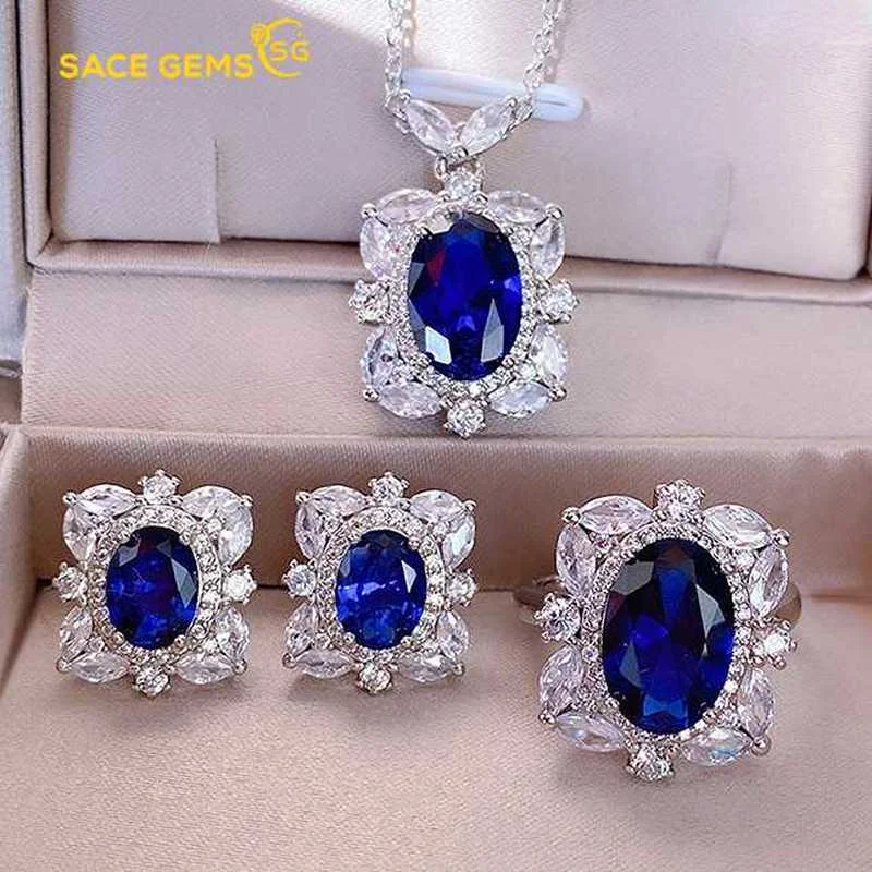 

SACE GEMS 925 Sterling Silver Synthetic Tanzanite for Women Pendant Necklace Ring Earrings Jewelry Set Wedding Fine Jewelry