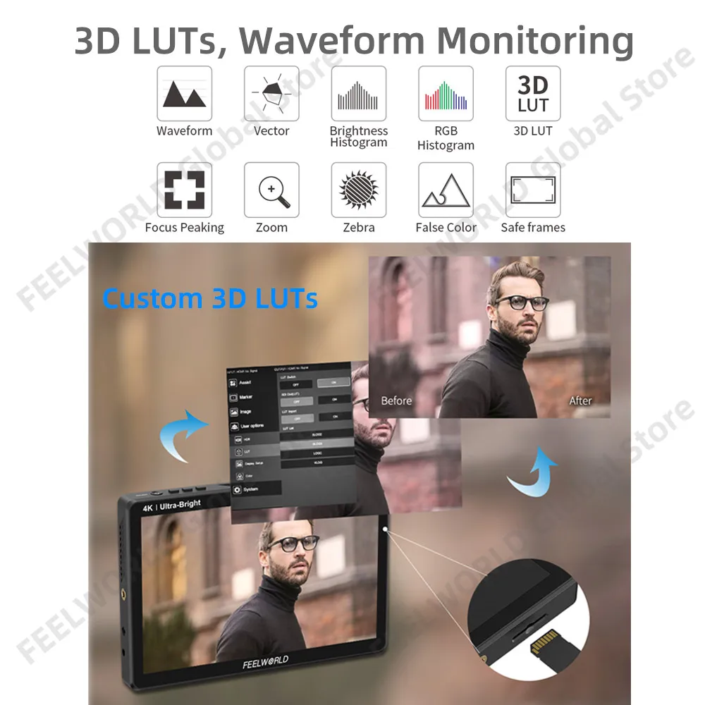 FEELWORLD LUT11H 10.1 Inch 2000nit Touch Screen Dslr Camera Field Monitor 3D LUT IPS 1920x1200 4K HDMI Light Sensor Auto Dimming