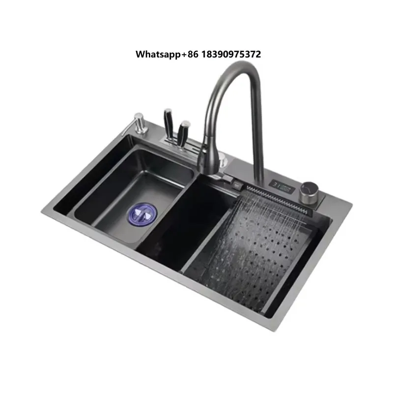 Luxury Smart Single Bowl Kitchen Sink with Waterfall Faucet Stainless Steel Three Holes